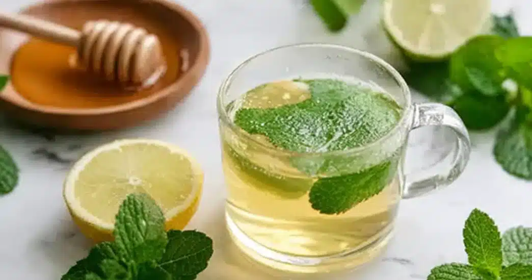 lemon-balm-recipe-for-weight-loss-finished-tea lemon balm recipe for weight loss with honey and lemon in a glass cup