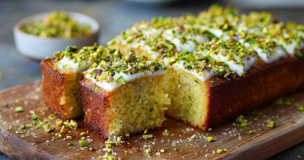lemon pistachio cake on rustic table