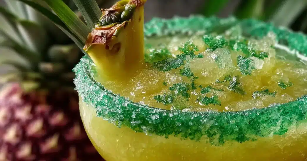 liquid-maria-juana-drink-recipe-finished-cocktail Close-up of the finished liquid maria juana drink recipe with a green sugar rim and pineapple garnish.