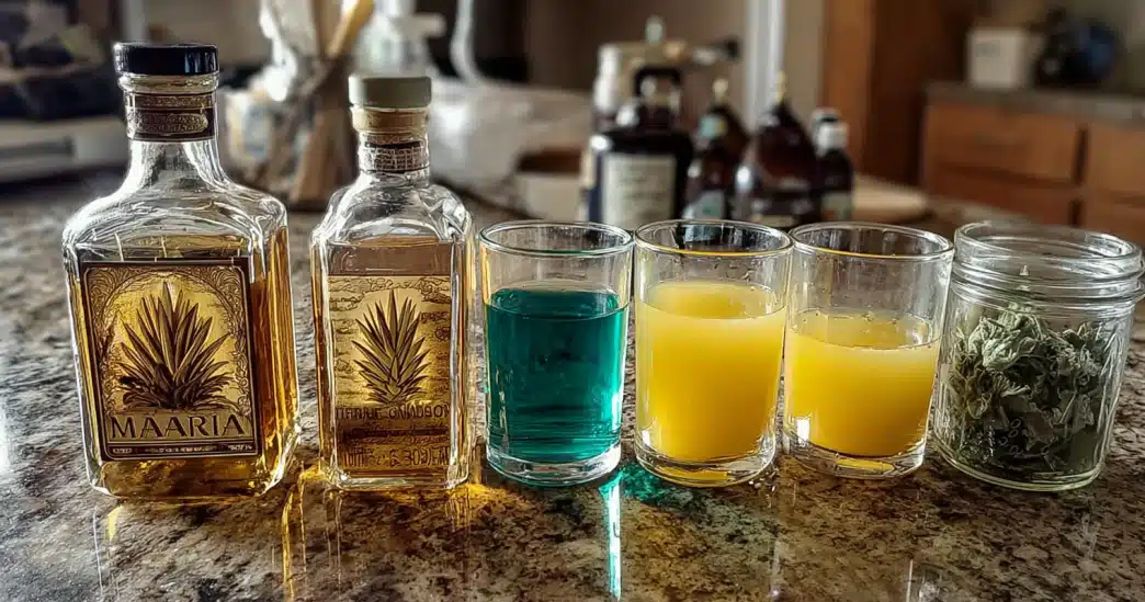 liquid-maria-juana-drink-recipe-ingredients-setup Ingredients for the liquid maria juana drink recipe including tequila, blue curaçao, and pineapple juice.
