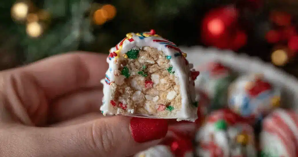Close-up of Little Debbie Christmas Tree Cakes Truffles showing festive sprinkles and creamy texture