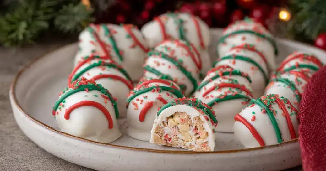 Little Debbie Christmas Tree Cakes Truffles decorated with red and green drizzle on a white serving plate