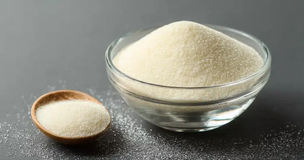Mark Hyman Gelatin powder in a glass bowl with wooden spoon