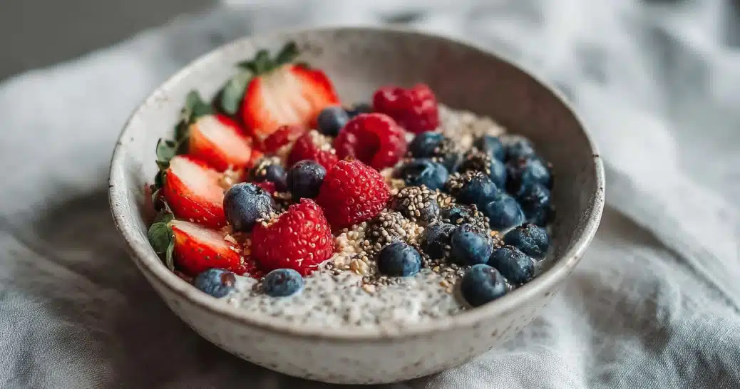 Chia yogurt breakfast bowl with berries and chia seeds — a gut-friendly meal for Mayr Method recipes.