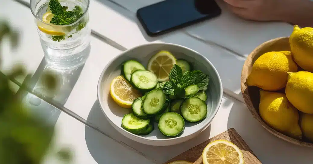 Fresh cucumber lemon salad with mint and water glass — refreshing dish from Mayr Method recipes.