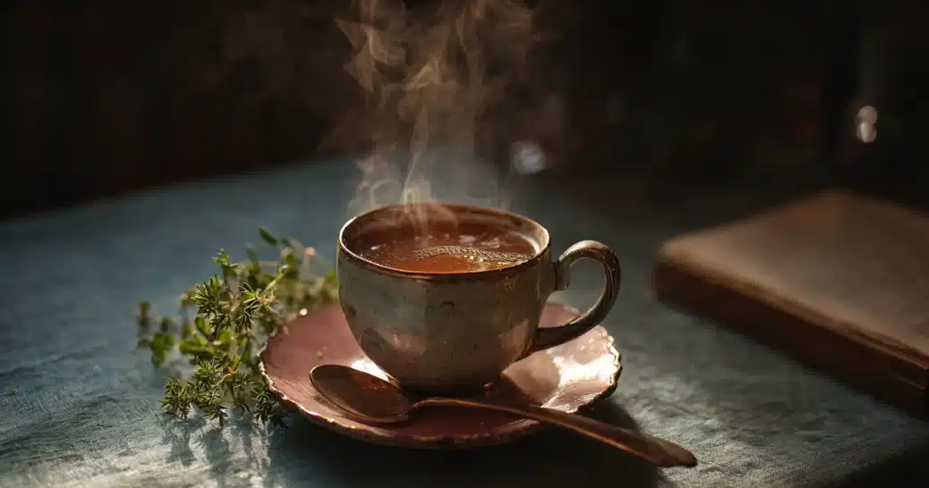 Warm herbal tea in ceramic cup with steam — soothing lemon balm tea from Mayr Method recipes.