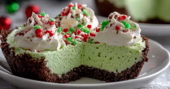 no-bake-grinch-christmas-cheesecake no bake grinch christmas cheesecake slice with whipped cream and sprinkles