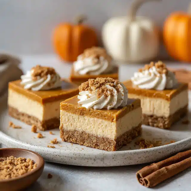 no-bake-pumpkin-biscoff-bars No-bake pumpkin biscoff cheesecake bars on a fall-themed dessert table