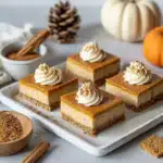 No Bake Pumpkin Biscoff Cheesecake Bars: The Ultimate Fall Dessert 3 No bake pumpkin biscoff cheesecake bars on wooden table