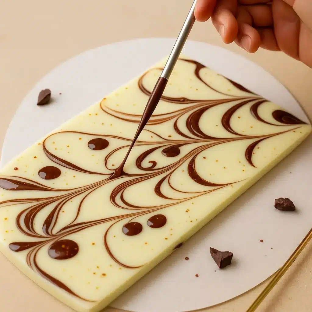 Swirling melted chocolate into white chocolate for Peppermint Oreo White Chocolate Bark