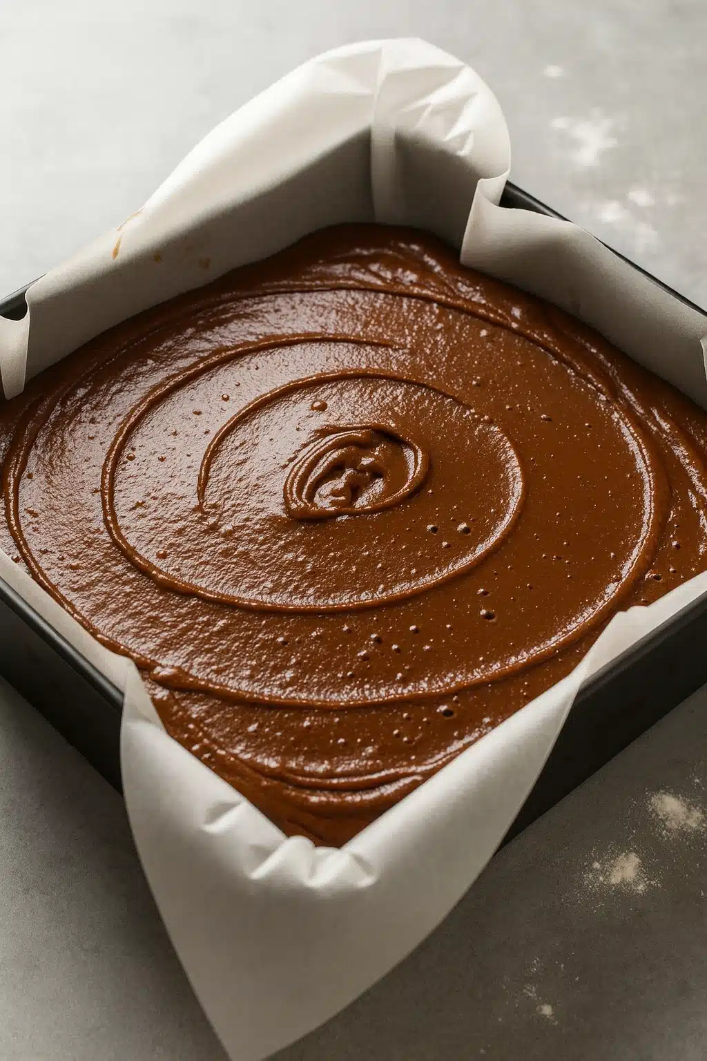 Pink salt brownies batter in baking pan ready for baking