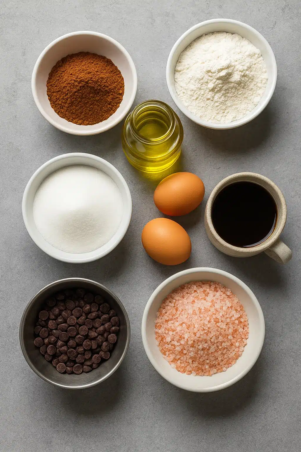 Ingredients for pink salt brownies on white marble