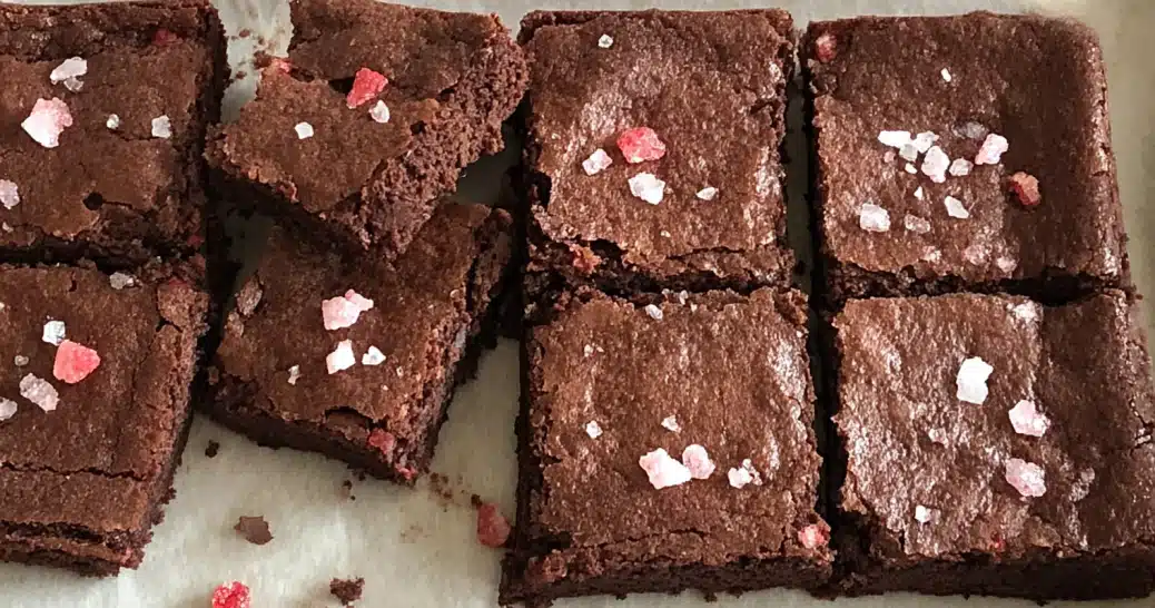 Pink salt brownies with crackly top and chocolate chunks