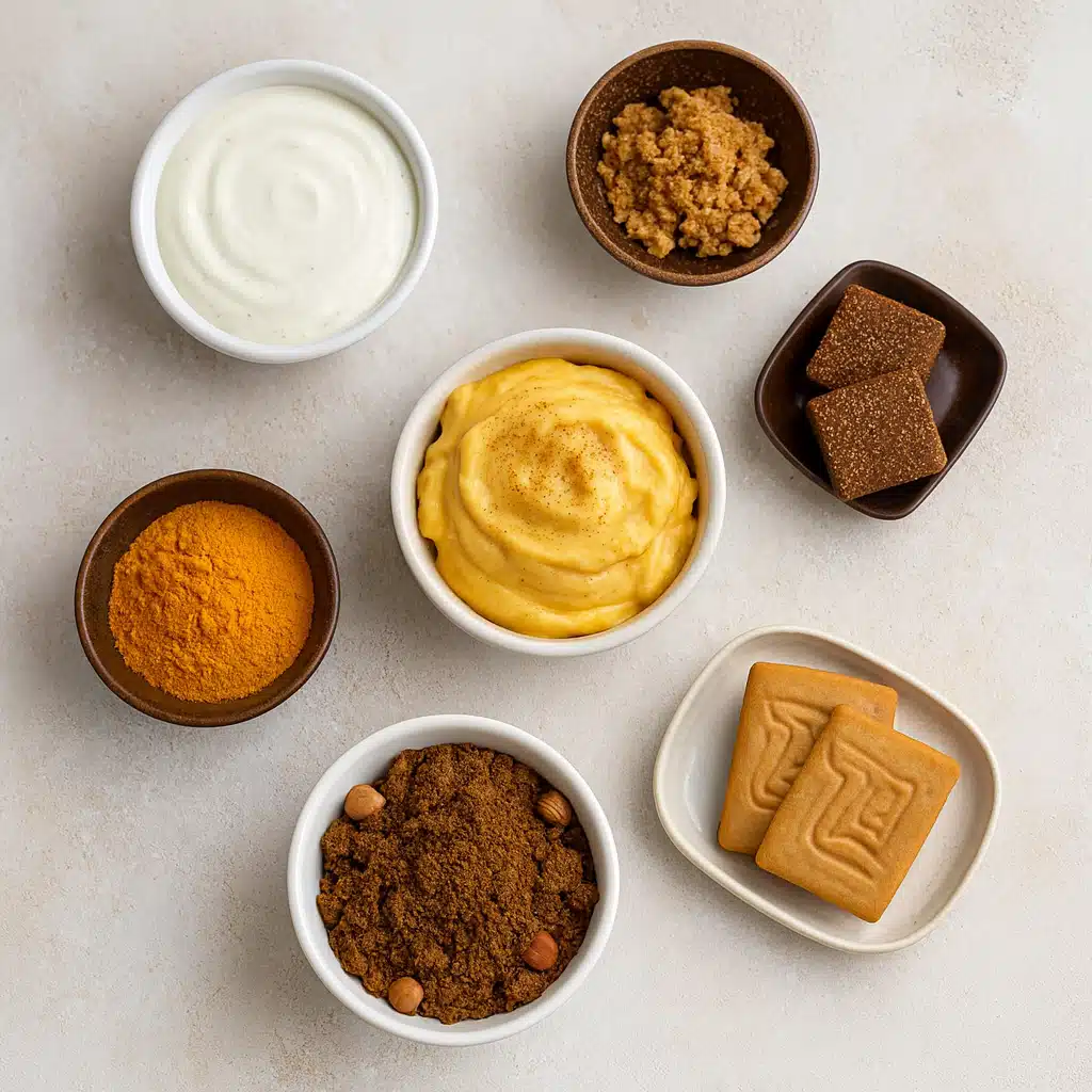 pumpkin-biscoff-bars-ingredients Ingredients for no-bake pumpkin biscoff cheesecake bars laid out