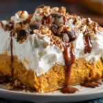 The Best Pumpkin Poke Cake Recipe for Fall 4 Pumpkin Poke Cake slice with whipped topping and caramel drizzle
