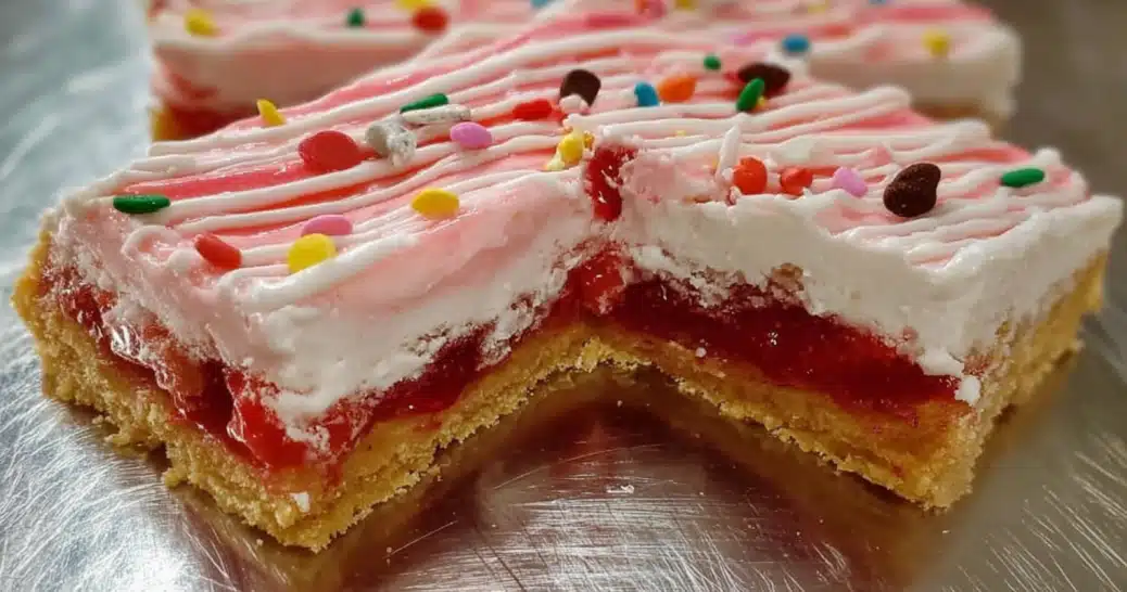 Strawberry Pop Tart Cookie Bars close-up with pink glaze, jam filling, and sprinkles