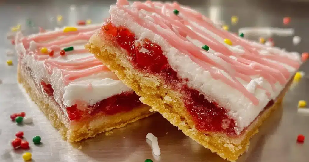 Strawberry Pop Tart Cookie Bars stacked with glaze and sprinkles