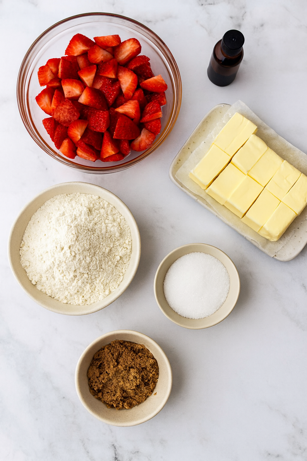 Ingredients for strawberry shortcake bars displayed on countertop