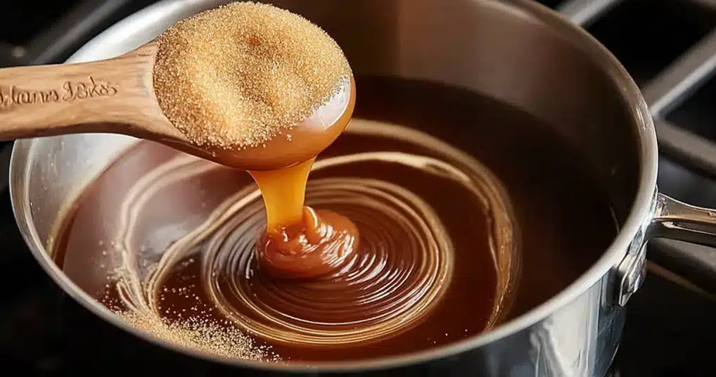 sugar-melting-pink-salt-caramel-sauce Sugar melting in saucepan for pink salt caramel sauce