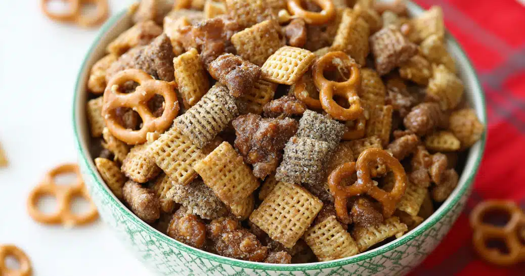 Toffee Chex Mix in a bowl with crunchy pretzels and peanuts