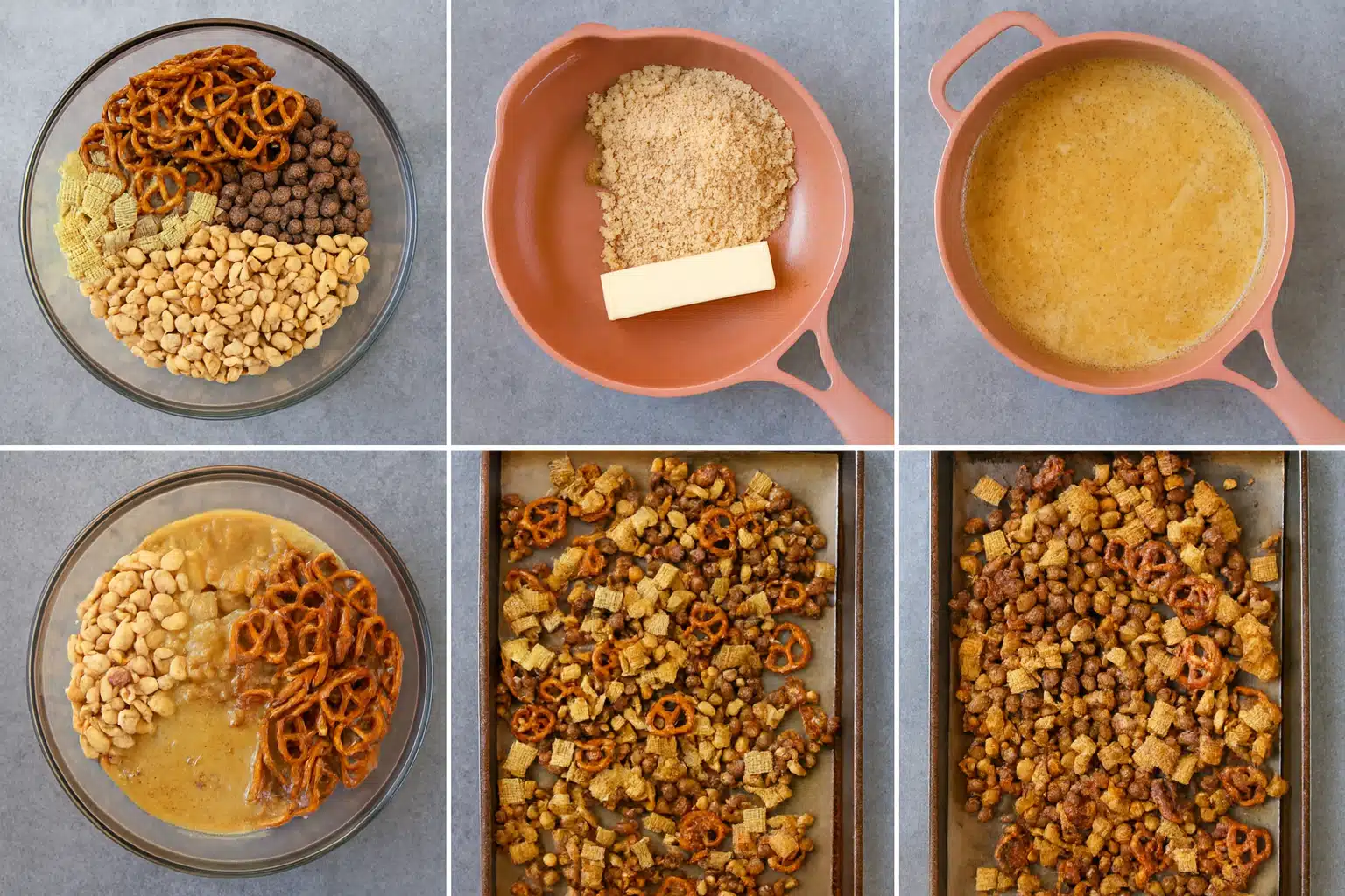 toffee-chex-mix-step-by-step toffee chex mix step-by-step process showing how to make buttery toffee coating and bake crunchy snack mix