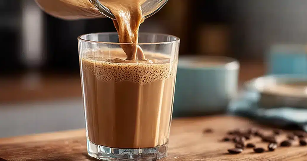Tropical Smoothie Mocha Madness recipe being poured into a glass