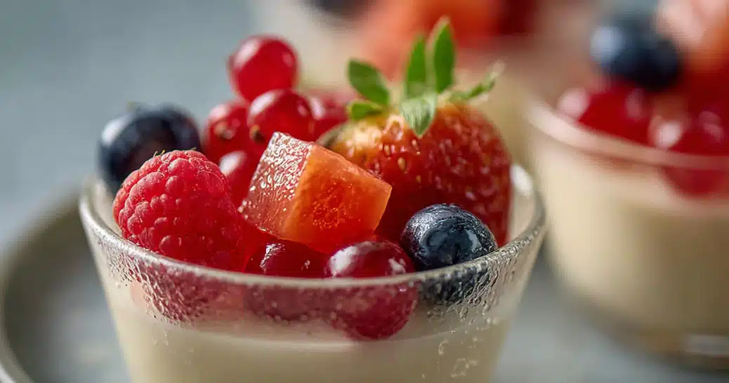 vegan-gelatin-panna-cotta-with-berries Vegan gelatin panna cotta topped with fresh berries on a spoon