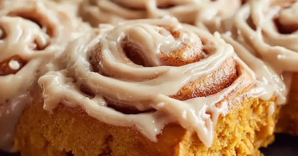 Close-up of Well Made by Kiley pumpkin cinnamon rolls with cream cheese frosting