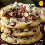 Winter Wonderland Chocolate Chip Cookies fresh from the oven with white chocolate drizzle.