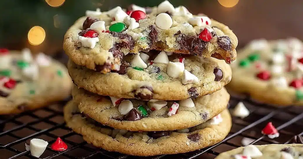 Winter Wonderland Chocolate Chip Cookies with festive red, white, and green peppermint pieces.