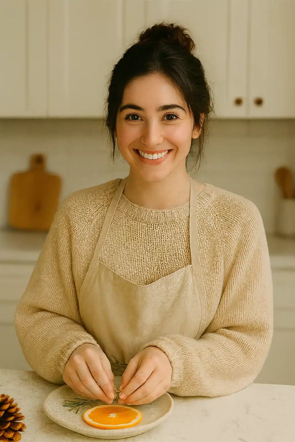 A young woman in a beige sweater and linen apron smiling while preparing food in a bright cozy kitchen with natural daylight.