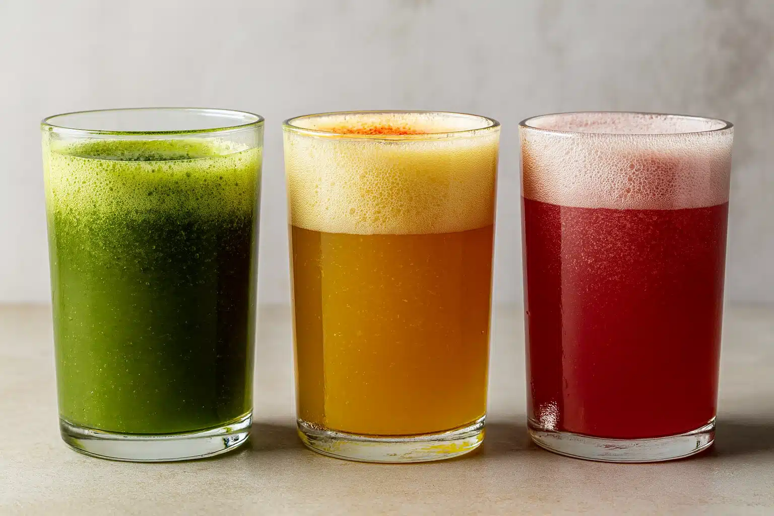 Three glasses of natural detox drinks including zepbound drink recipe with lemon, ginger, and apple cider vinegar.