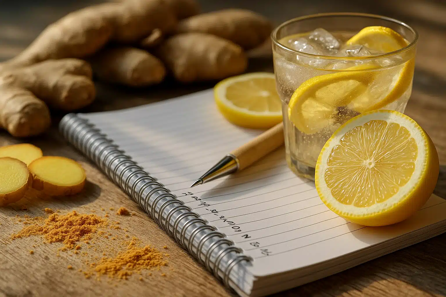 Zepbound Lemon Ginger Drink Ingredients Flat Lay with Notes