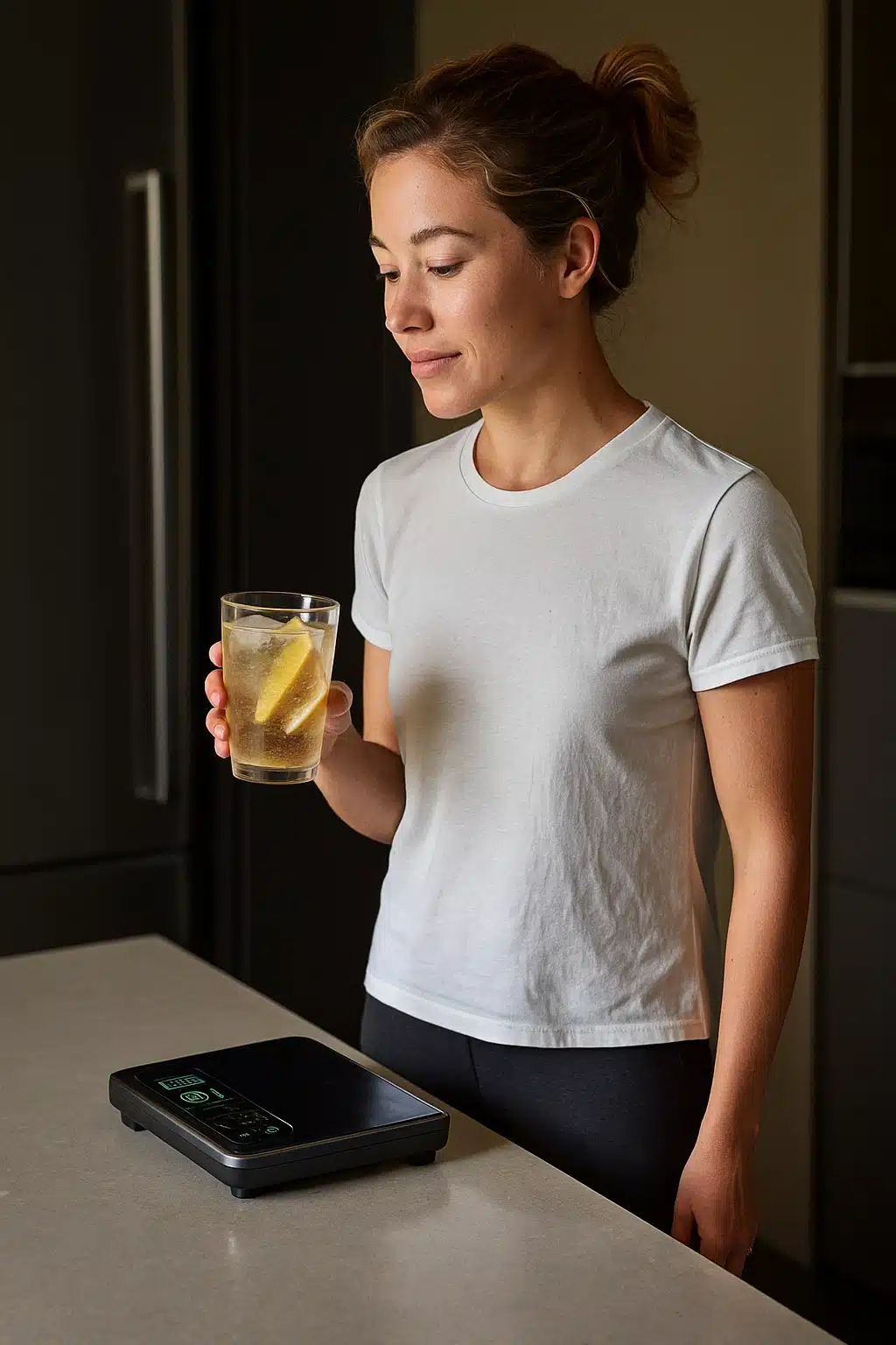 Woman holding a glass of Zepbound mocktail in a kitchen