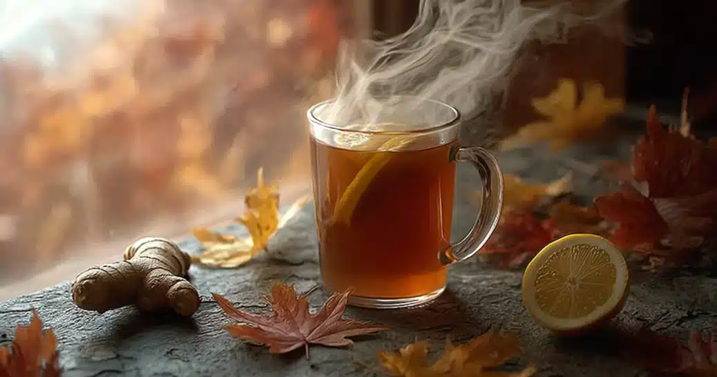Hot Zepbound mocktail tea with lemon and ginger on autumn background