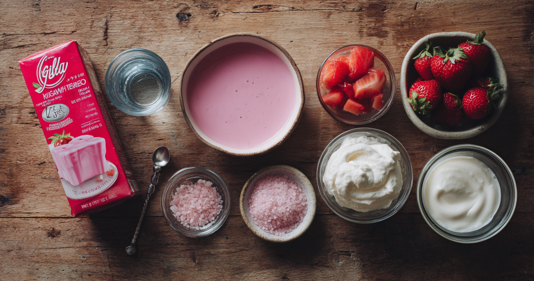 pink gelatin ingredients flat lay strawberry whipped cream