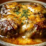 Amish Hamburger Steak Bake served with savory gravy and vegetables