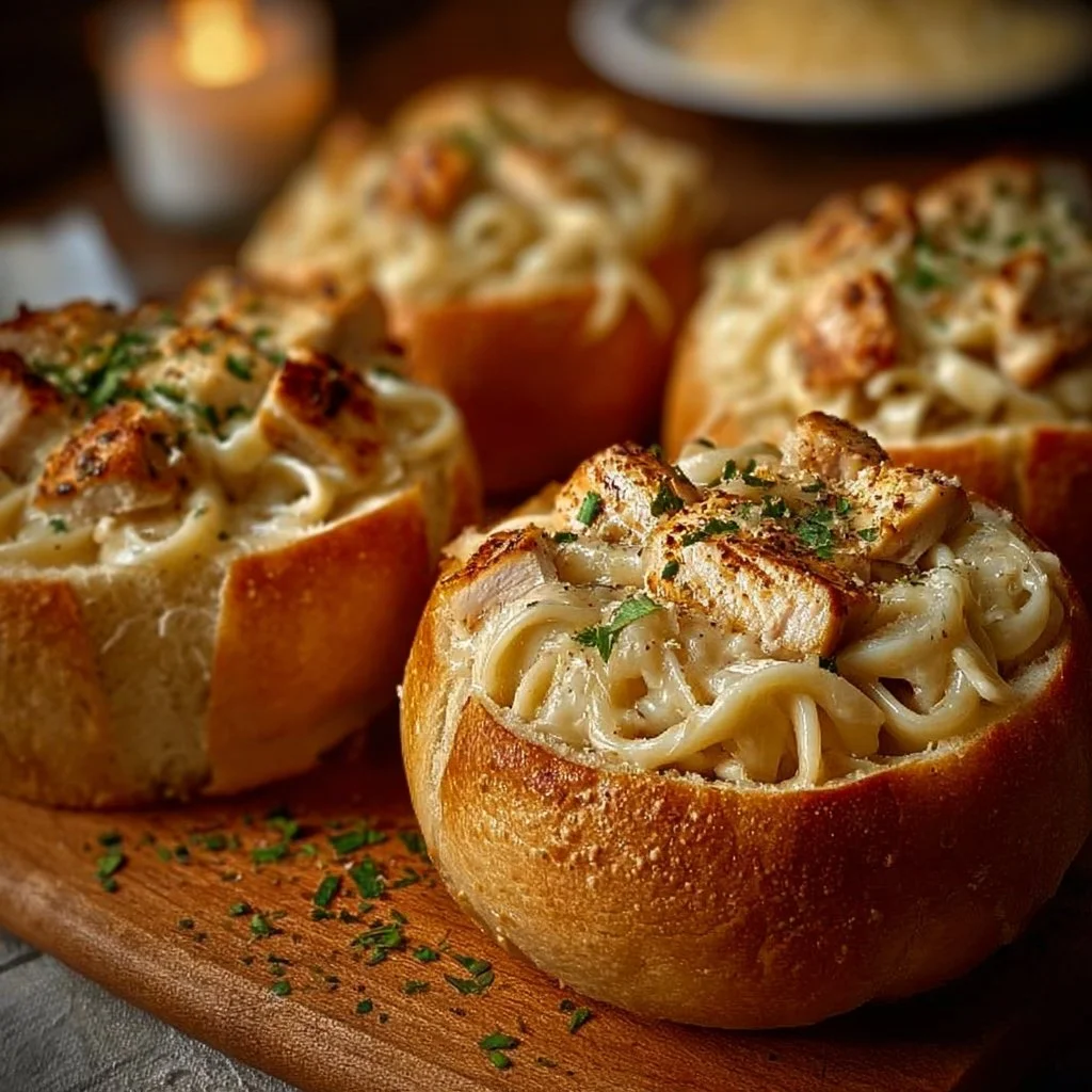Chicken Alfredo Garlic Bread Bowls