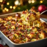 Delicious Christmas breakfast casserole filled with eggs, cheese, and festive toppings