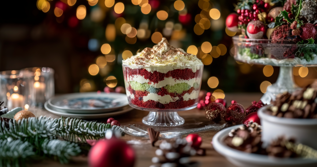 Christmas dessert table with trifle centerpiece and festive decorations