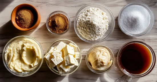 Ingredients for Cinnamon Roll Apple Lasagna on wooden table
