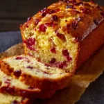 Sliced homemade Cranberry Orange Bread with cranberries and orange zest