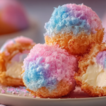 Crispy cotton candy cheesecake bombs with pastel sugar coating