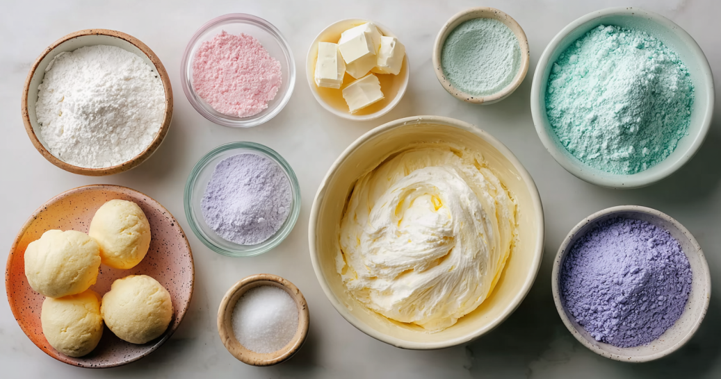 Ingredients for making crispy cotton candy cheesecake bombs