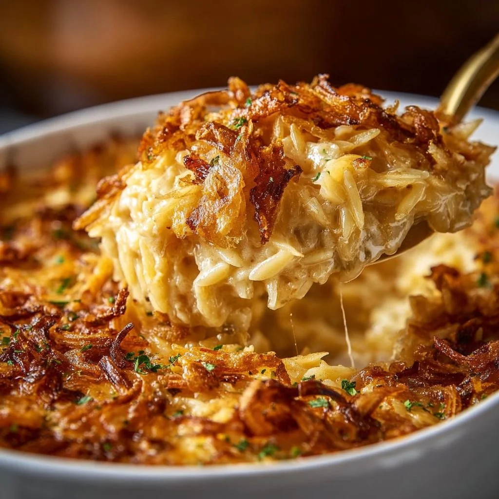 French Onion Chicken Orzo Casserole