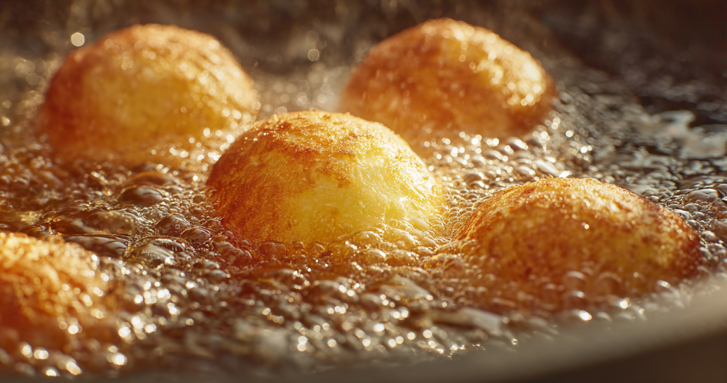 Cheesecake bombs frying in hot oil for crispy cotton candy cheesecake bombs