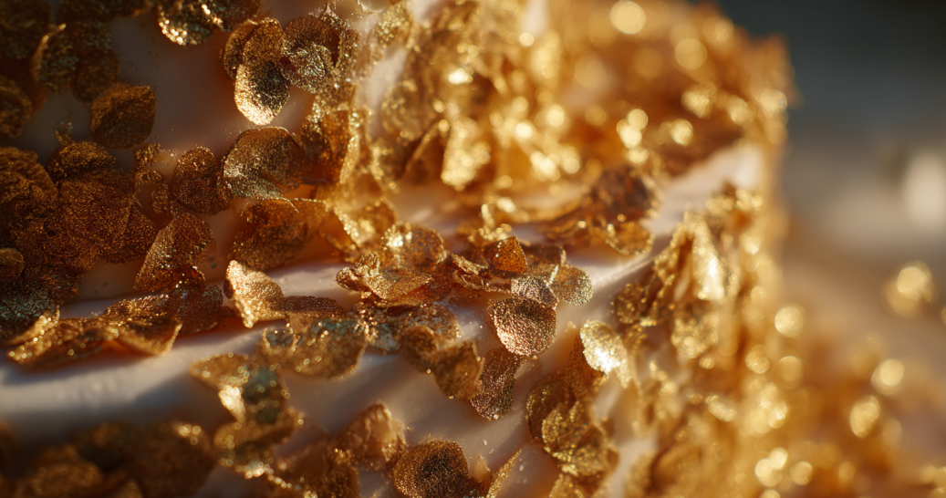 cake decorated with gold gelatin sequins