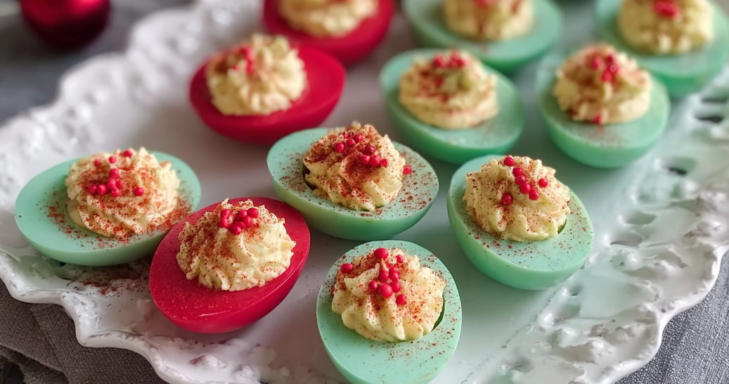 Green & Red Christmas Deviled Eggs Appetizer