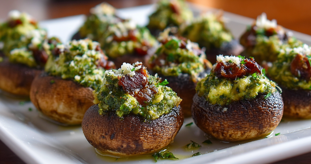 Easy Pesto Stuffed Mushrooms