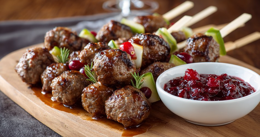 Holiday Mini Beef Meatball Skewers with Cranberry Barbecue Sauce